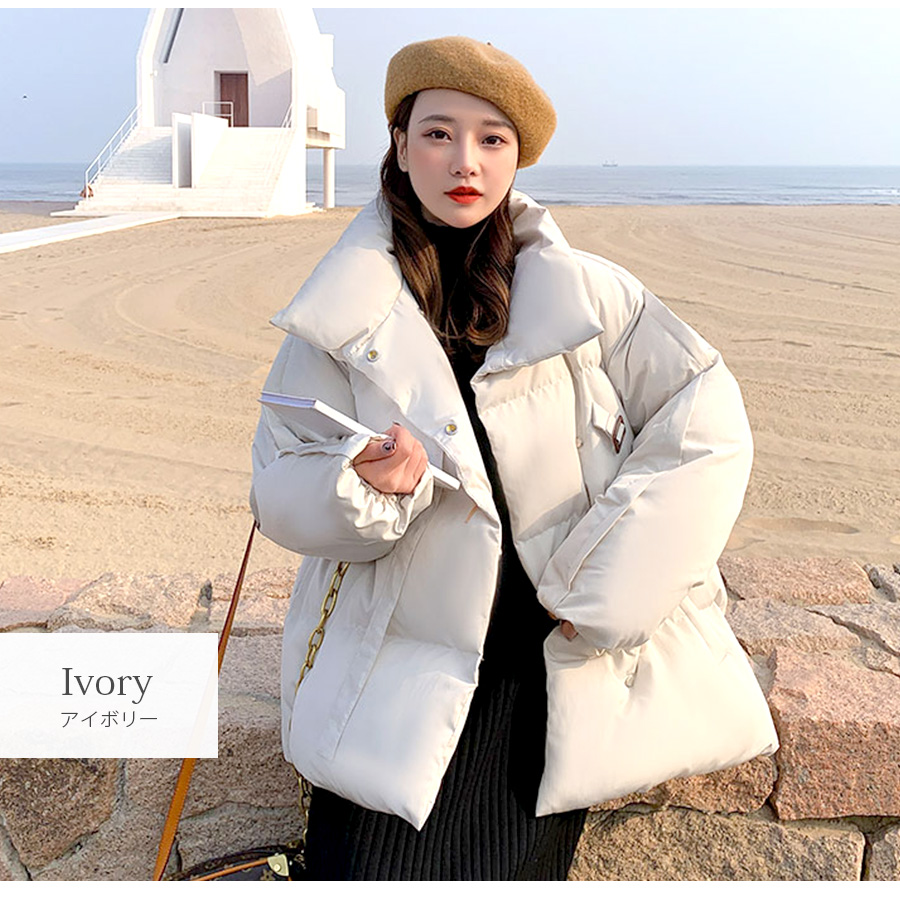 ダウン ジャケット アウター 長袖 ポケット ベルト ミディアム丈 無地