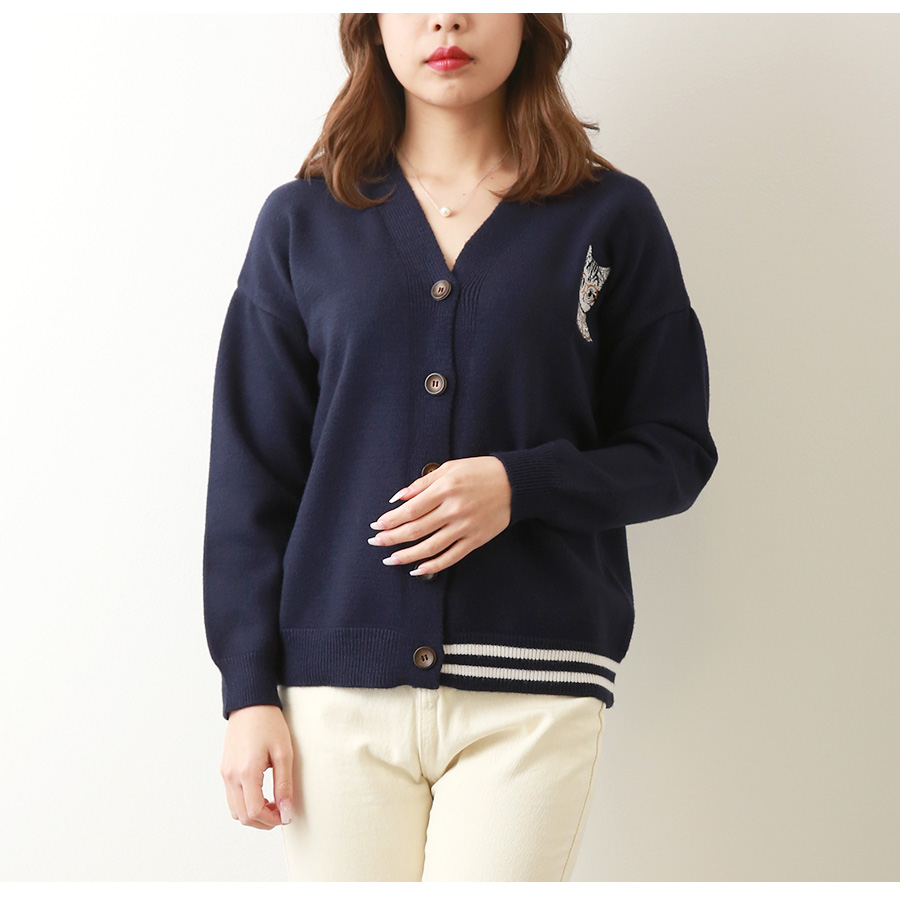 カーディガン ニット Vネック 長袖 カーデ ボタン 刺繍 猫 羽織り