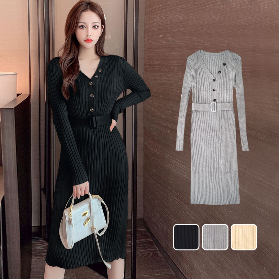 ニットワンピース ベルト タイト ボタン 長袖 ロング 膝下 リブ 無地
