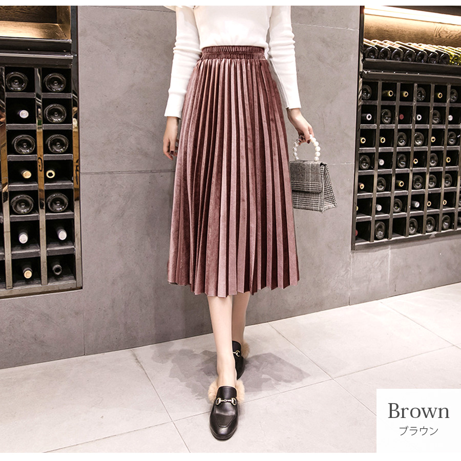 プリーツスカート ベロア ミディ丈 膝下丈 フレアスカート Aライン
