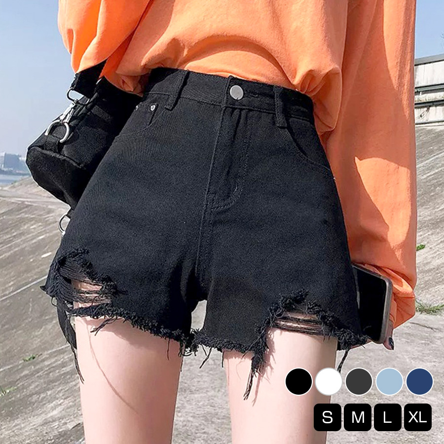 ショートパンツ デニム ダメージ ハイウエスト 韓国ファッション 新作 春 夏 秋 ブラック ホワイト ダークグレー ライトブルー ブルー S M L XL JOCOSA