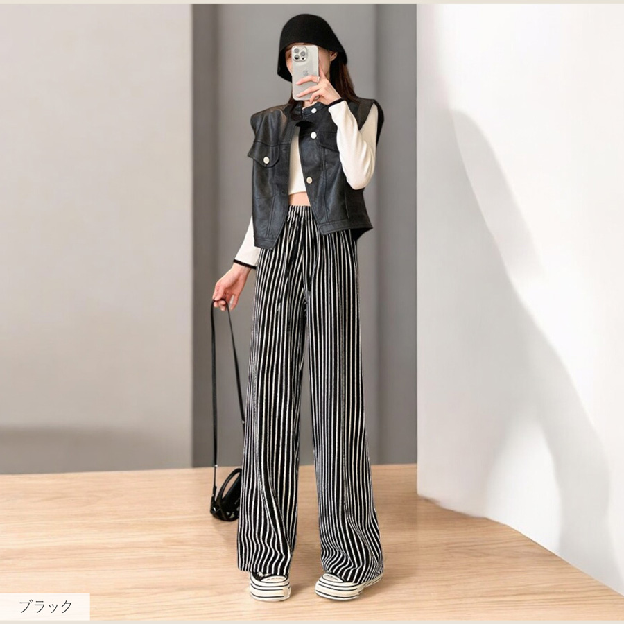 レディース ワイドパンツ ハイウエスト ドレープ ゆる ウエストゴム カジュアル 韓国風 イージーパンツ ストレッチ ストライプ JOCOSA 9148 |  | 10