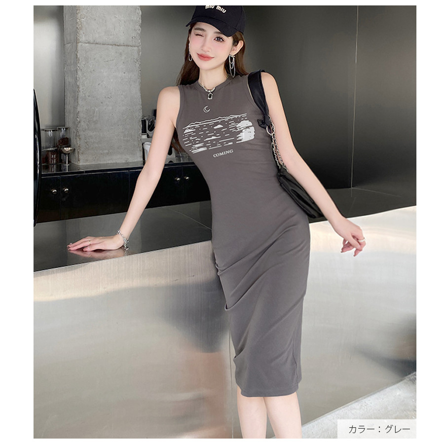 ワンピース イラストプリント ロゴ ロング丈 膝下丈 ノースリーブ