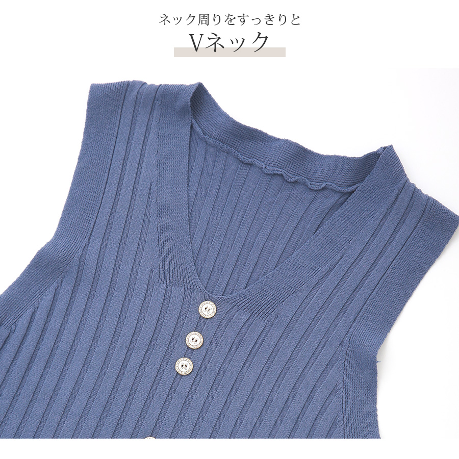 未使用　ノースリーブＶネックニットワンピース　S ネイビー ニットワンピース ひざ丈 ノースリーブ Vネック ボタン 切り替え