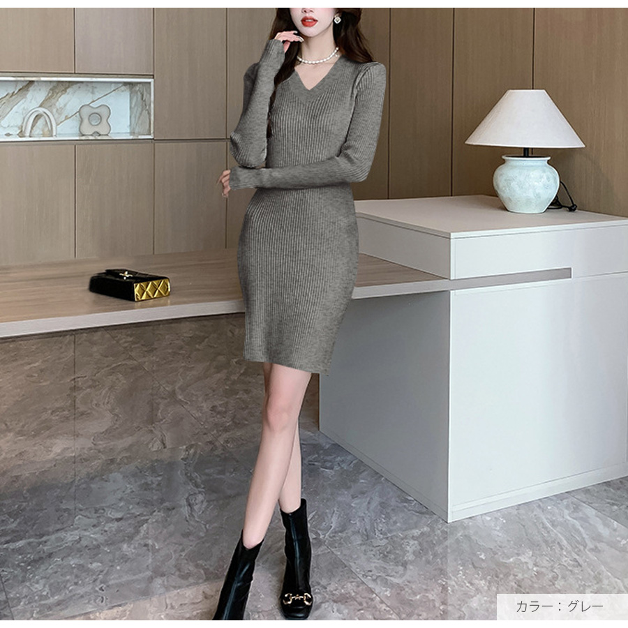 ニットワンピース Vネック ミニ丈 長袖 レディース もちもち ニット 春