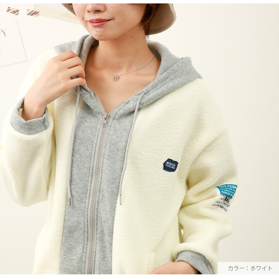 アウター パーカー 長袖 ボア フード付き ZIP ロゴタグ もこもこ