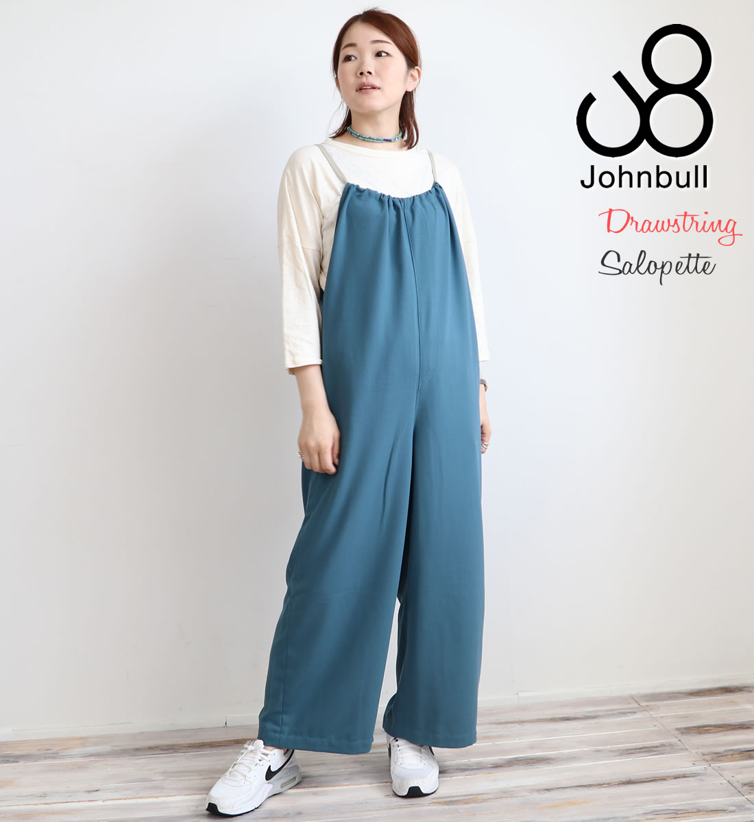 ドローストリングサロペット ジョンブル レディース Johnbull ワイドパンツ ドライタッチ サスペンダー ギャザー つなぎ ボトムス オーバーオール｜johnbull-pants｜02