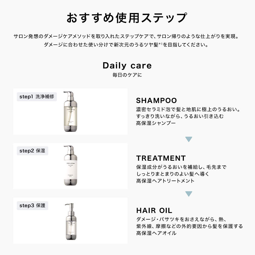 FUNAZUM ヘア3点セット シャンプー トリートメント ヘアオイル  モイスト＆ダメージリペア ファンアズム   450mL&450mL&ヘアオイル100mL｜joiedebeaute｜19