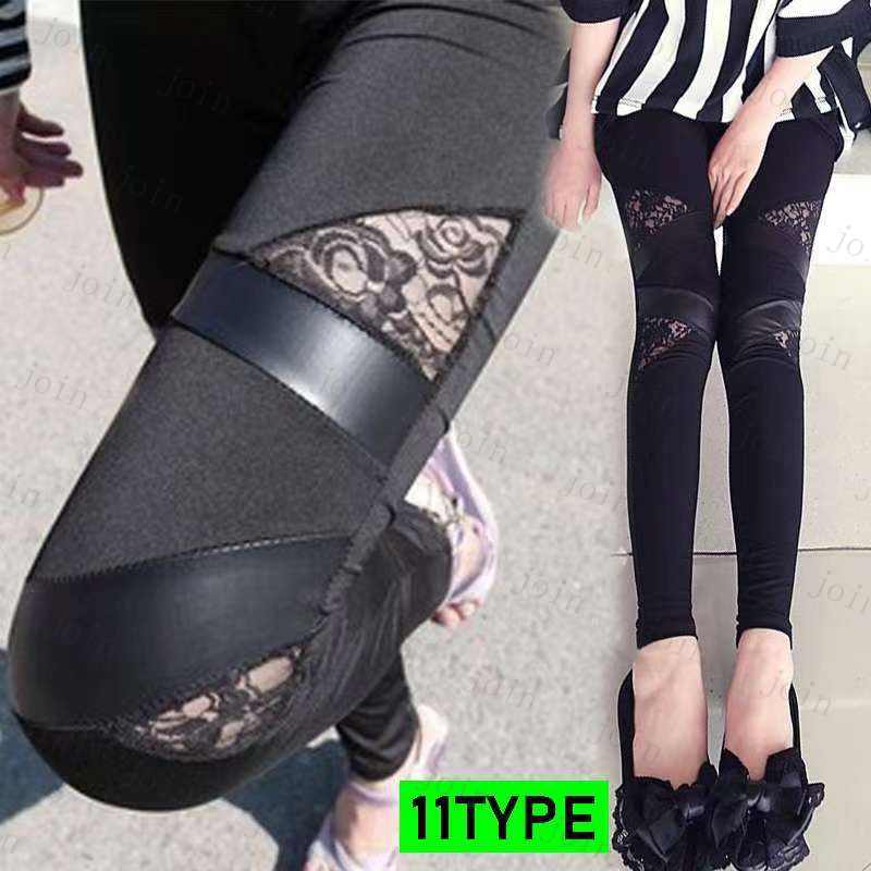 RG66# レギンス レディース スポーツ  ボトムス  レース切替 ストレッチ フリーサイズ 無地 ウエストゴム  美脚 伸縮性 フェイクレザー パンツ  10丈 |  | 11