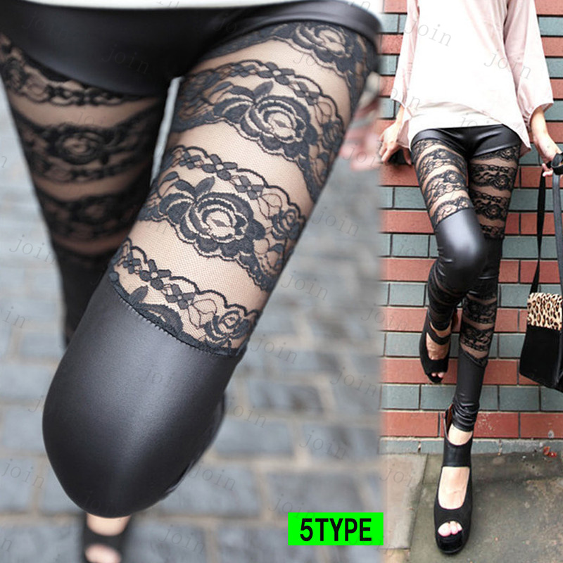 RG66# レギンス レディース スポーツ  ボトムス  レース切替 ストレッチ フリーサイズ 無地 ウエストゴム  美脚 伸縮性 フェイクレザー パンツ  10丈 |  | 05