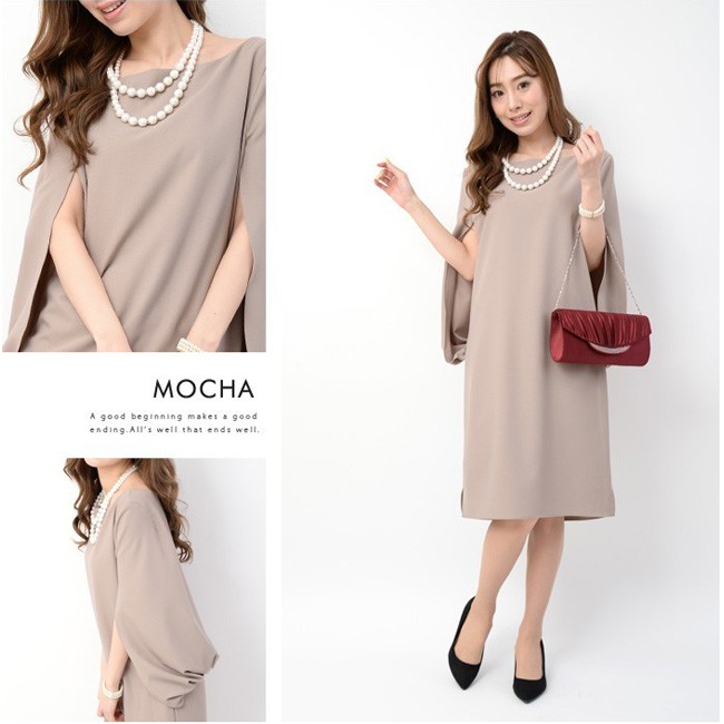 ドルマンボレロ風ドレス ワンピース パーティードレス フォーマル スリットスリーブ ラウンドネック 膝丈 結婚式 無地 レディース