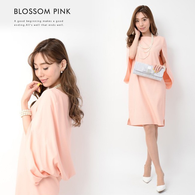 ドルマンボレロ風ドレス ワンピース パーティードレス フォーマル スリットスリーブ ラウンドネック 膝丈 結婚式 無地 レディース