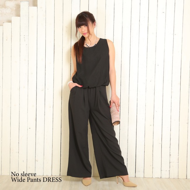 ノースリーブ ワイドパンツドレス パーティードレス フォーマル オールインワン ワンピドレス ラウドネック 結婚式 正装 無地 ゆったり