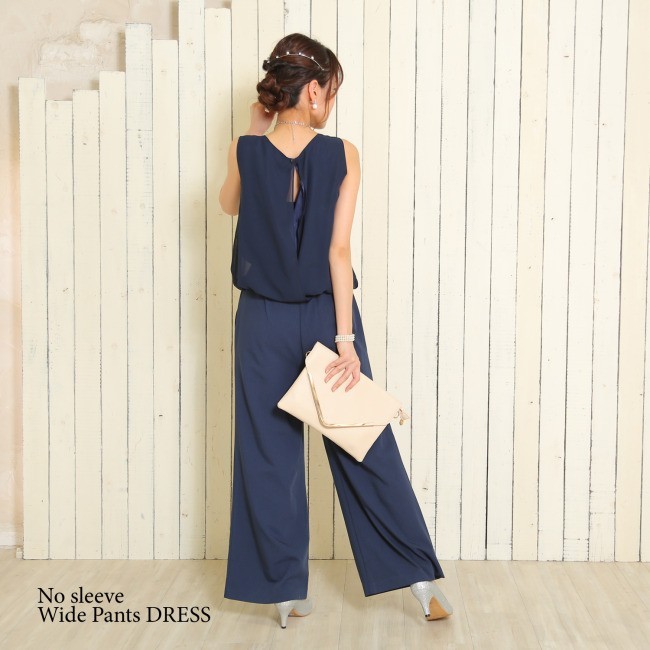ノースリーブ ワイドパンツドレス パーティードレス フォーマル オールインワン ワンピドレス ラウドネック 結婚式 正装 無地 ゆったり