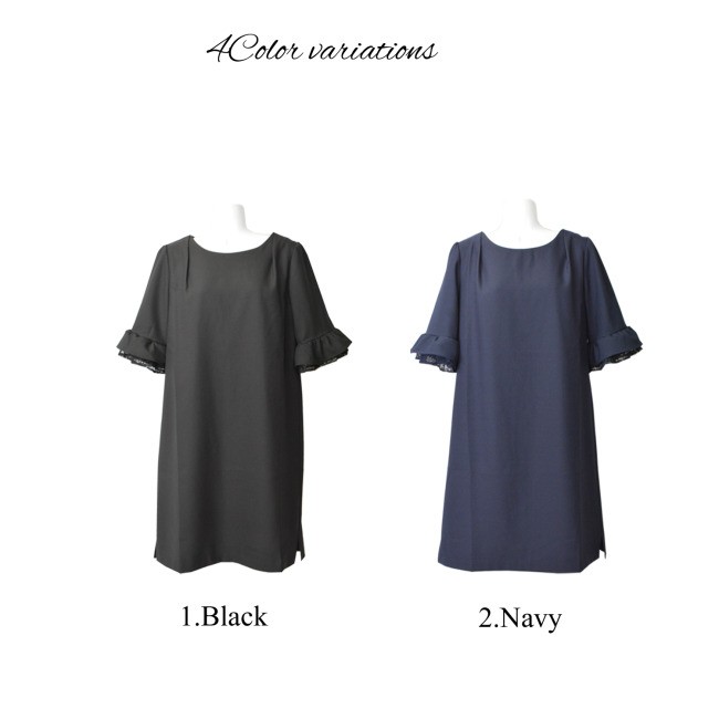 レーススリーブワンピドレス パーティードレス フォーマルワンピース 七分袖 ラッフルスリーブ ラウンドネック ひざ丈 Ａライン 無地 結婚式