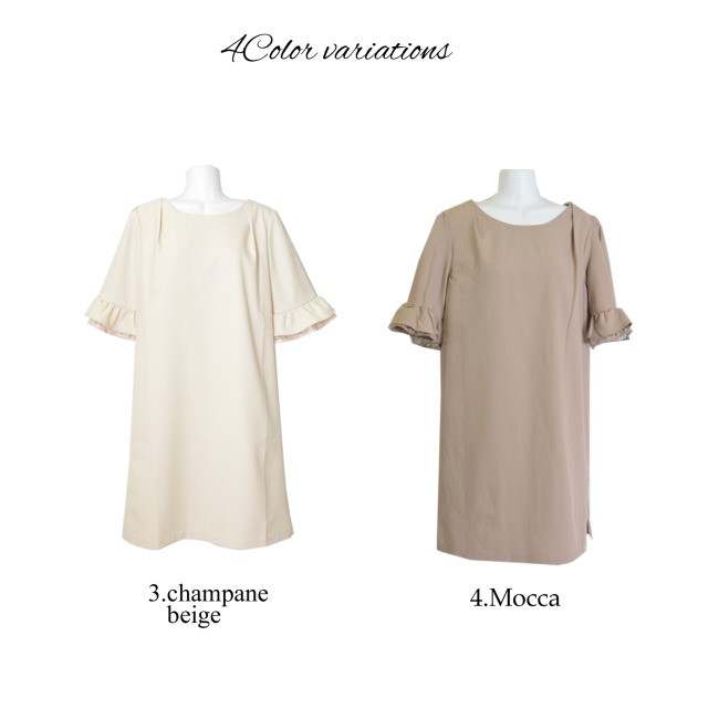 レーススリーブワンピドレス パーティードレス フォーマルワンピース 七分袖 ラッフルスリーブ ラウンドネック ひざ丈 Ａライン 無地 結婚式