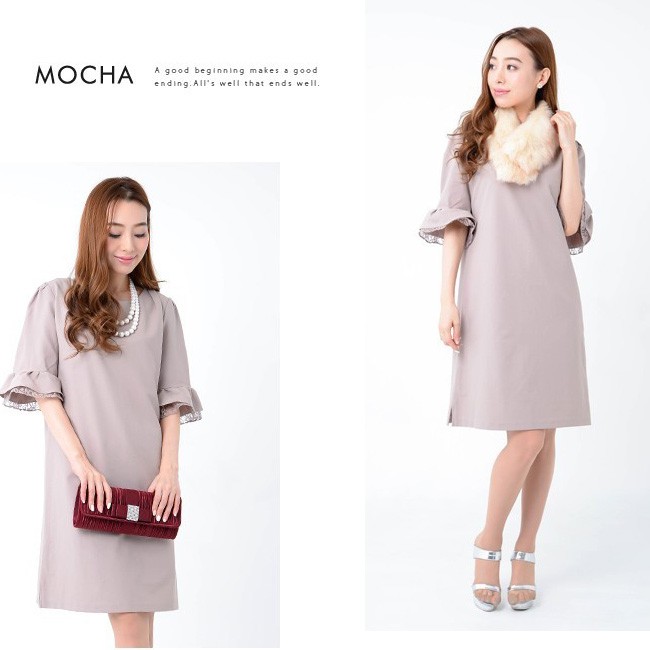 レーススリーブワンピドレス パーティードレス フォーマルワンピース 七分袖 ラッフルスリーブ ラウンドネック ひざ丈 Ａライン 無地 結婚式