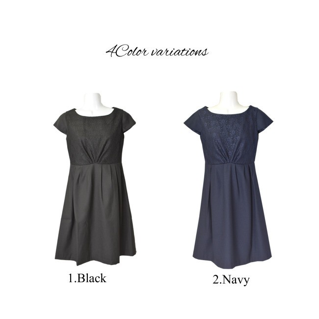 レースフレアワンピドレス ワンピース ドレス レースフォーマル パーティードレス タックフレア ボートネック 結婚式 披露宴 膝丈 半袖 無地