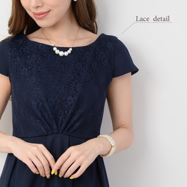 レースフレアワンピドレス ワンピース ドレス レースフォーマル パーティードレス タックフレア ボートネック 結婚式 披露宴 膝丈 半袖 無地