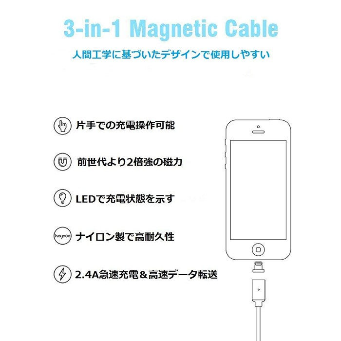 3in1マグネット式充電ケーブル iPhone MicroUSB Type-C Lightning USBケーブル 磁石 高速充電 データ転送 強化ナイロンメッシュ編み