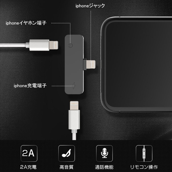 iPhone用 イヤホン変換アダプタ スタンド付き 3in1 Lightningコネクタ 変換ケーブル 充電 音楽 動画 高音質 軽量 コンパクト 便利 リモコン対応