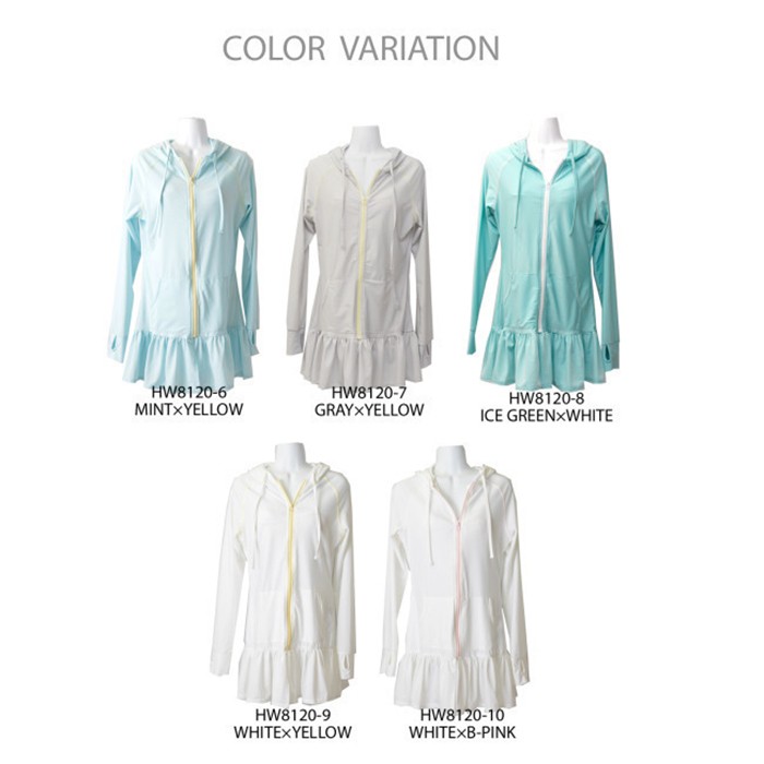 UVカット ラッシュガード フリル付き パーカー ワンピースタイプ 無地 水着 ロング 長袖 紫外線対策 水濡れOK 速乾 伸縮 パステルカラー UV対策 レディース
