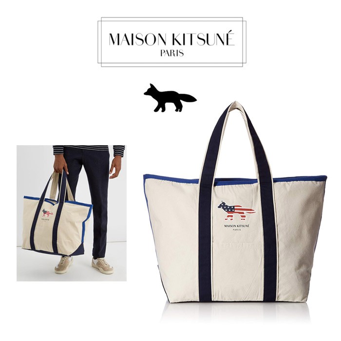 MAISON KITSUNE メゾンキツネ RICHELIEU TOTE BAG XL トートバッグ キャンバス ショッピングバッグ カラー エコバッグ ECRU-MARINEBLUE FW17U811 並行輸入