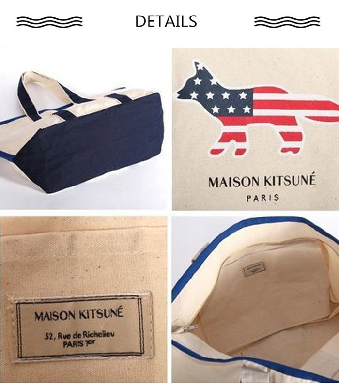 MAISON KITSUNE メゾンキツネ RICHELIEU TOTE BAG XL トートバッグ キャンバス ショッピングバッグ カラー エコバッグ ECRU-MARINEBLUE FW17U811 並行輸入