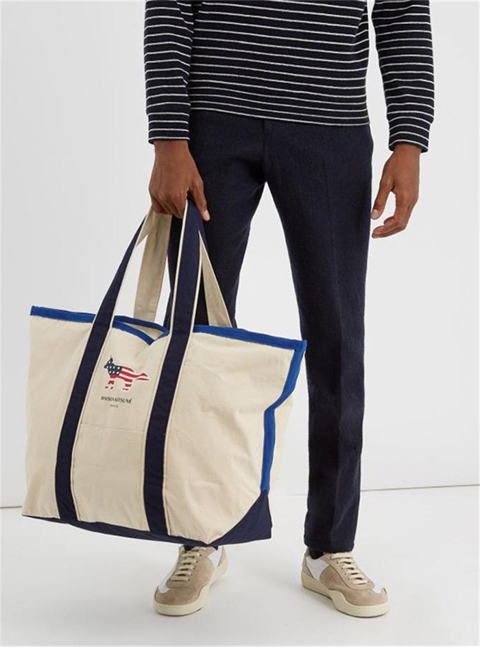 MAISON KITSUNE メゾンキツネ RICHELIEU TOTE BAG XL トートバッグ キャンバス ショッピングバッグ カラー エコバッグ ECRU-MARINEBLUE FW17U811 並行輸入