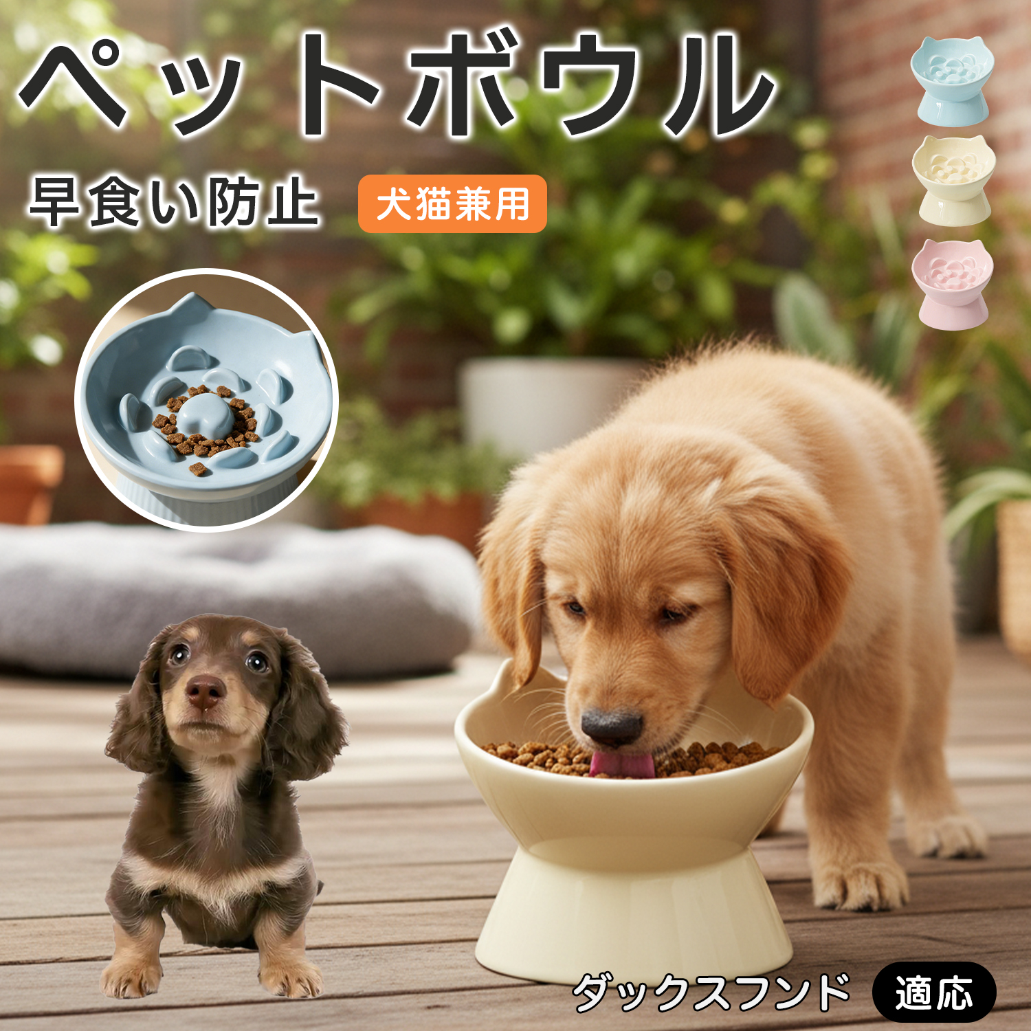 犬フードボウル ダックスフンド×紫陽花 ダックスフンド犬種 ダックス 高台ペットフードボウル 傾斜設計 吐き