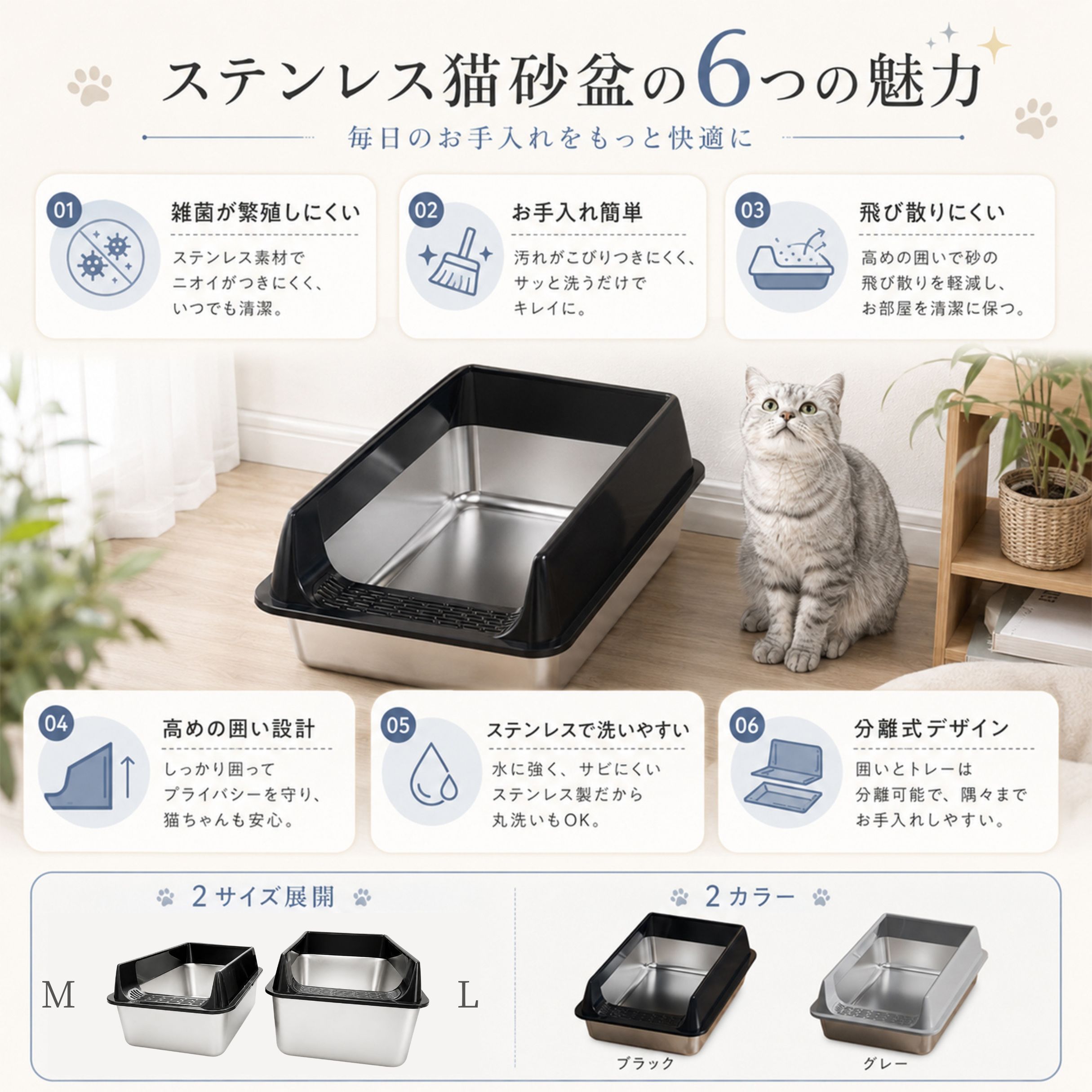 ステンレス猫トイレ大型猫対応洗える掃除簡単飛び散り防止広めサイズ