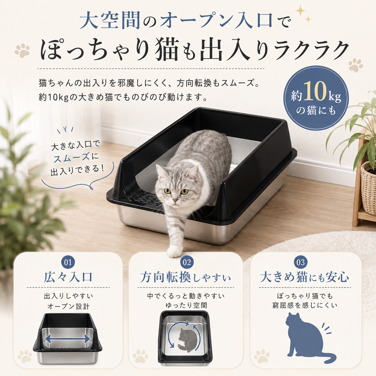 ステンレス猫トイレ大型猫対応洗える掃除簡単飛び散り防止広めサイズ