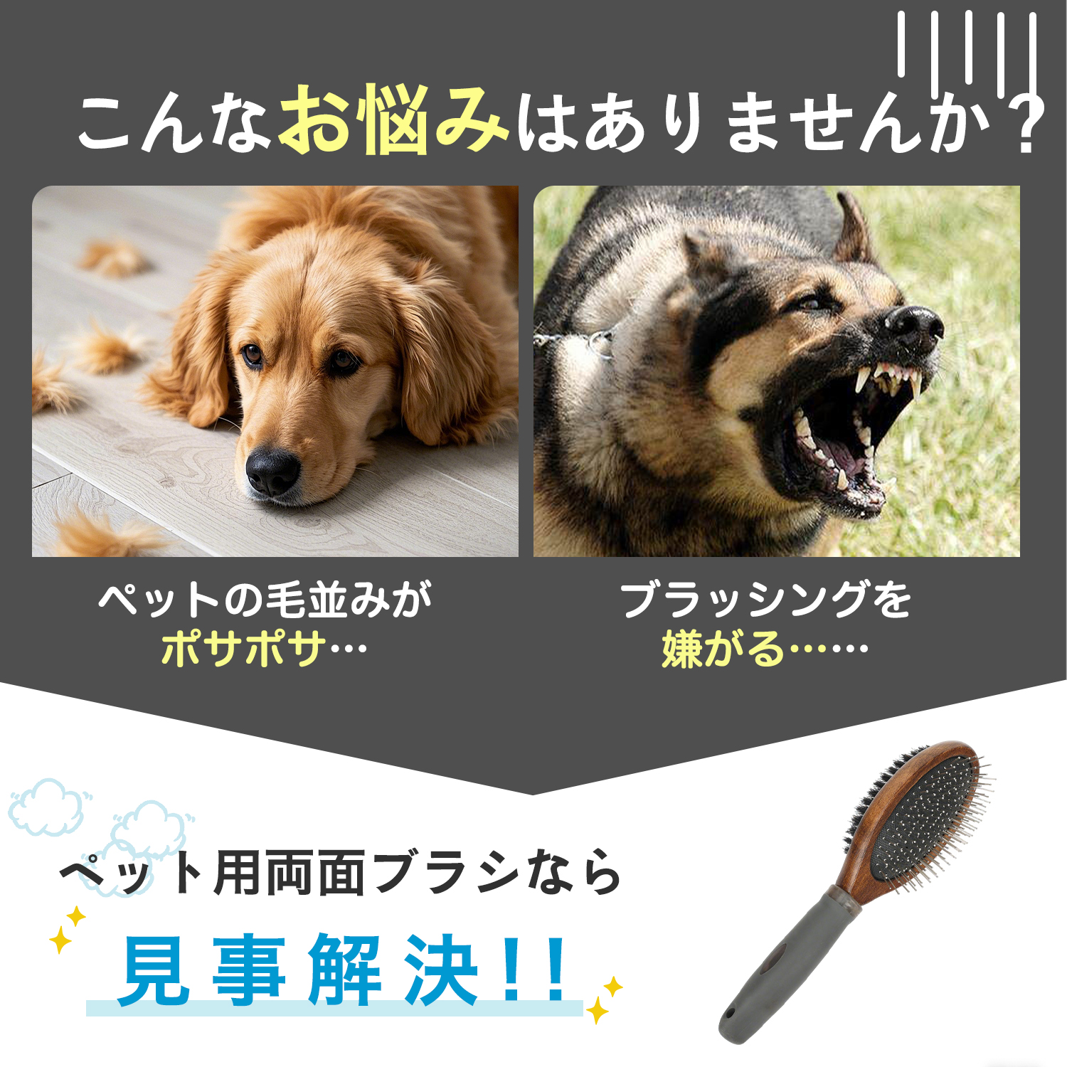 トイプードル犬 トイプー 犬猫用ペット両面ブラシ 混合 豚毛 木製