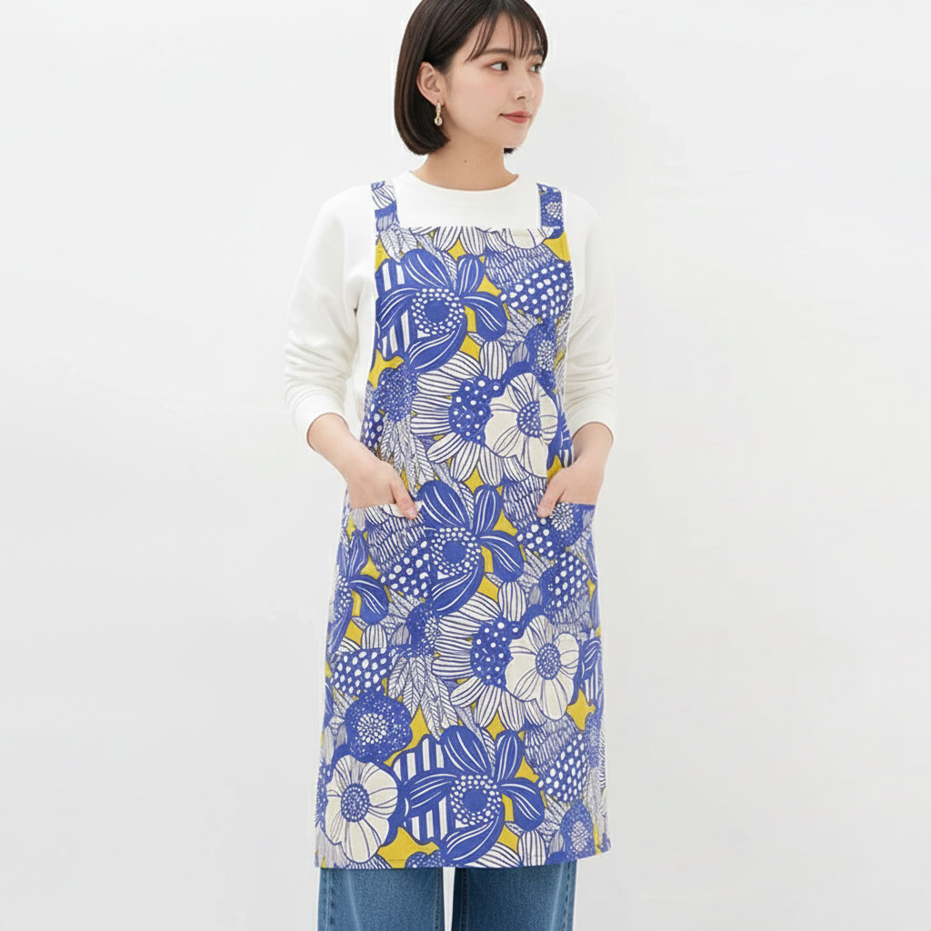 エプロン おしゃれ かわいい 保育士 北欧 花 キッチンエプロン ひざ丈 アフラ 日本製 fabrizm 母の日 ワークエプロン 料理教室 ギフト バッククロス | fabrizm | 03