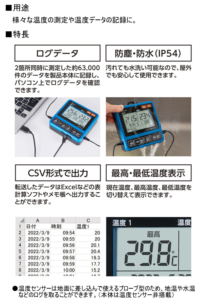 シンワ デジタル温度計 I データログ機能付 隔測式ツインプローブ 防塵