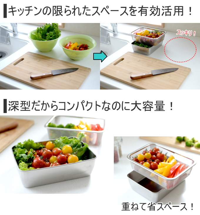 アーネスト（Arnest） 蓋付き深型ステンレスバット・角型ザルセット