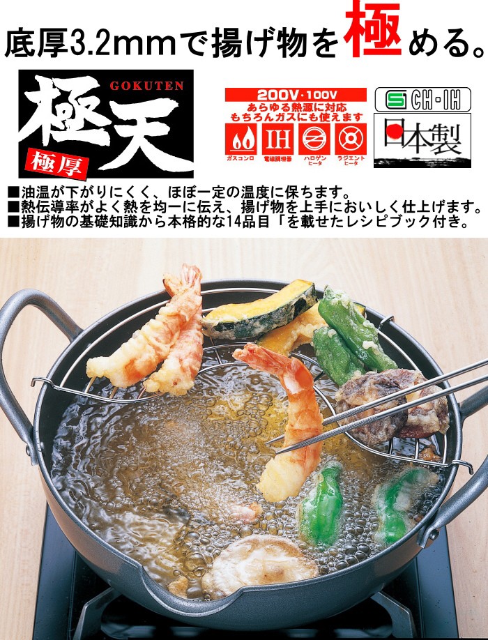 極天 極厚揚げ鍋26cm GT-26W 日本製 200V・IH対応 フライ鍋 網付き