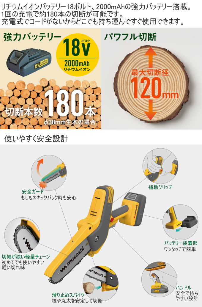 musashi(DIY) 充電式 ハンディチェーンソー HCS-6000 送料無料