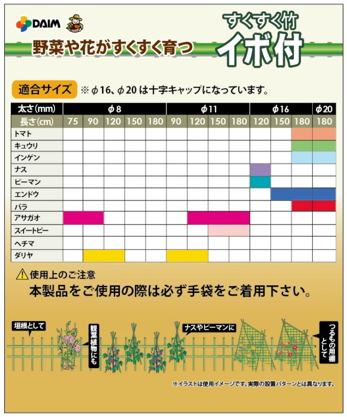 すくすく竹 イボ付 外径16mm×長さ2100mm 50本入 園芸用小物 菜園 農業