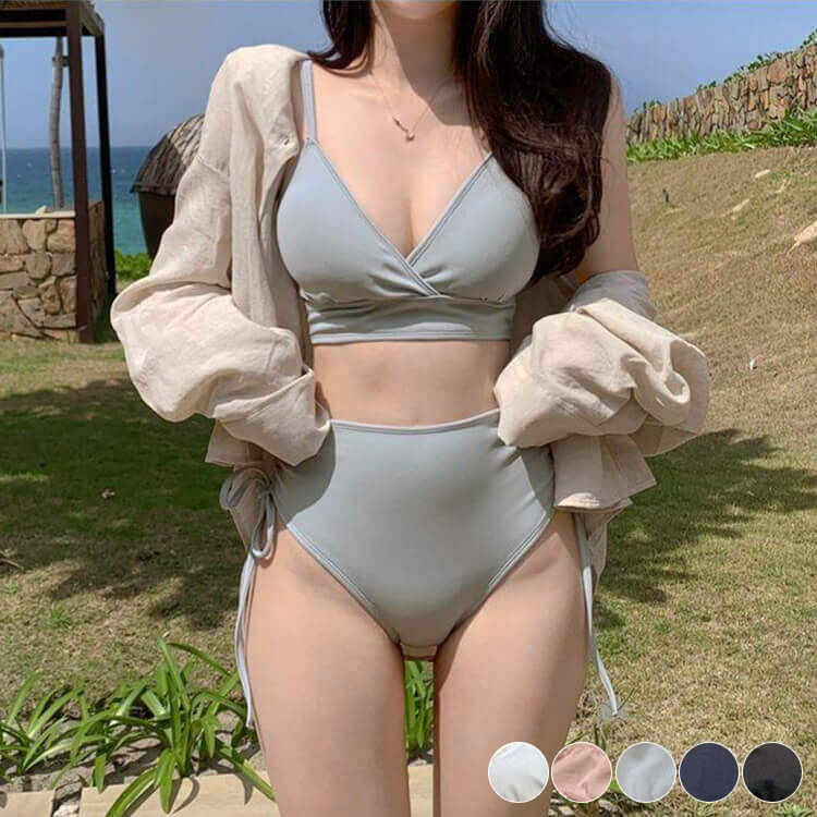 韓国水着 ハイウエスト リボン ベーシックデザイン 大人おしゃれ Amazon.co.jp: [Teddy] 水着 レディース ビキニ 2点セット