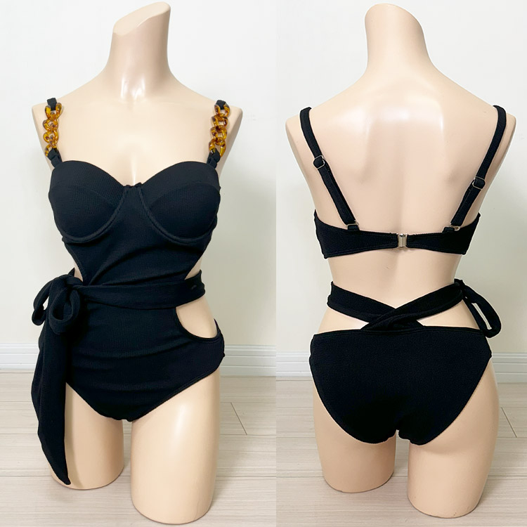 水着 レディース モノキニ  リボン チェーン セクシー 大人 おしゃれ 体系カバー オトナ女子 プチプラ チラ見せ 海 ブラック 黒 ジョイフィール joyfeel