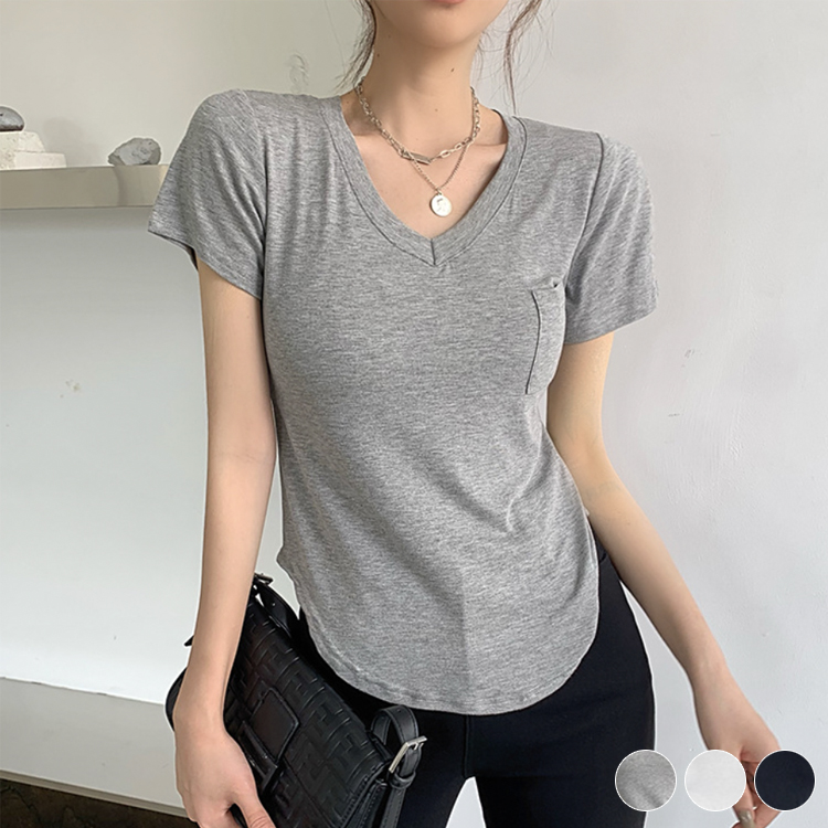 胸ポケット Vネック スリムフィット 半袖tシャツ トレンド 夏トップス Dazzle