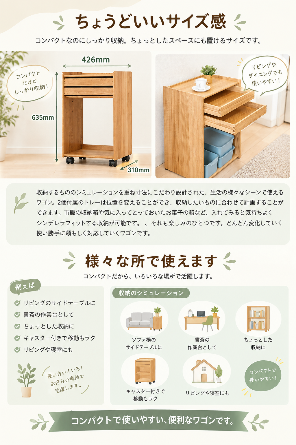 日進木工/WOK-1728-O トレーワゴン キャスターワゴン 2段引き出し 収納
