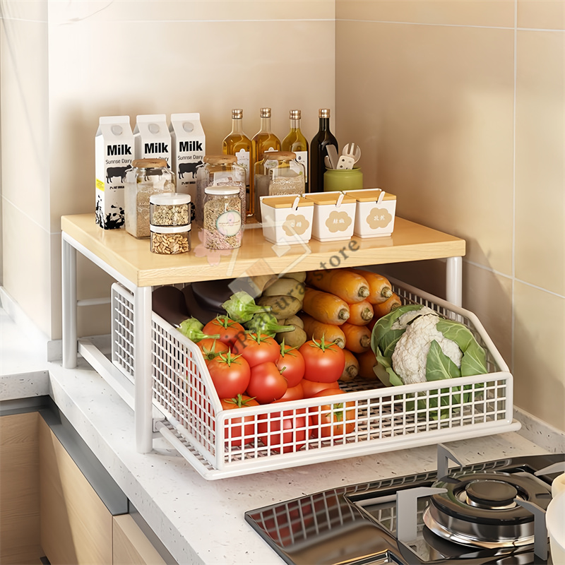 引き出し式デスクトップ キッチン 収納ラック 野菜かご キッチン
