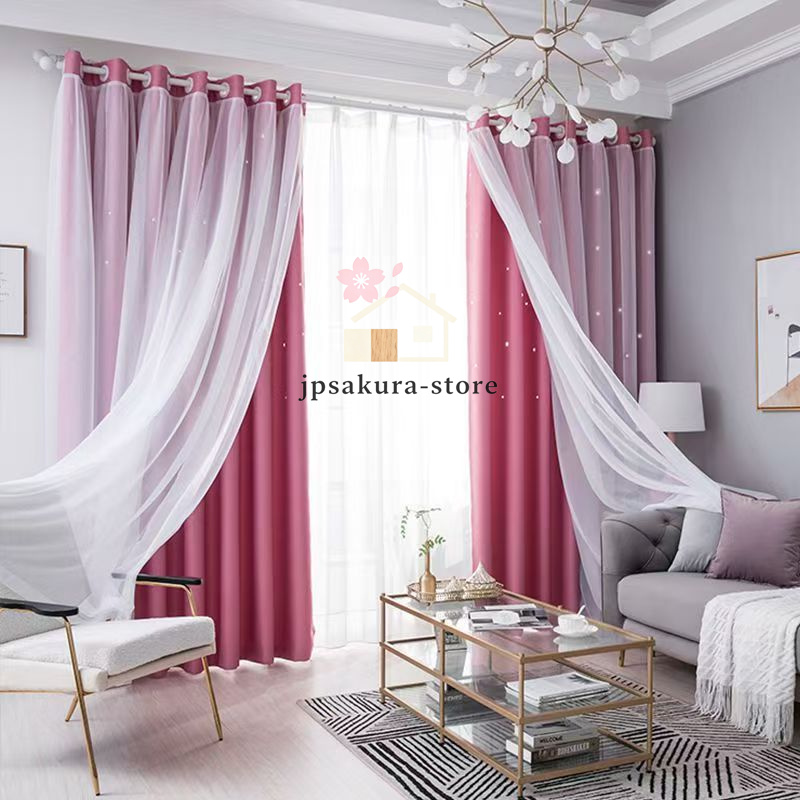 カーテン 二重 レース 一体型 姫系 フックカーテン 遮光 断熱 防音