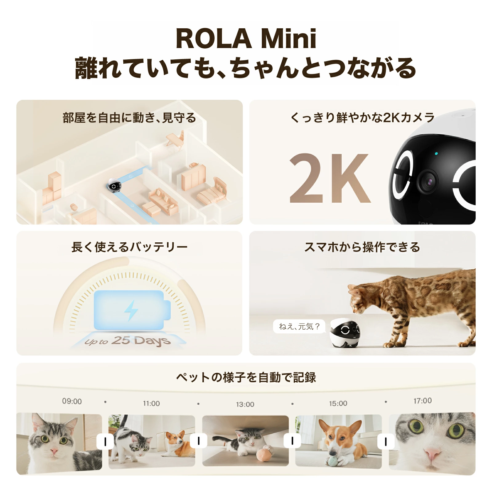 ROLA Mini ペットカメラ 2K高画質 見守りロボット 自走式 WiFi 5GHz