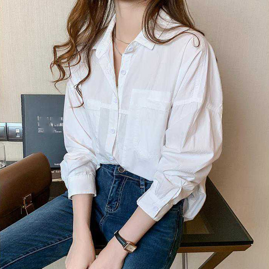 白ブラウス レディースロングシャツ 春 襟付き シャツブラウス Vネック 長袖 オフィスカジュアル 韓国風 フォーマル 通勤OL(メール便送料無料)