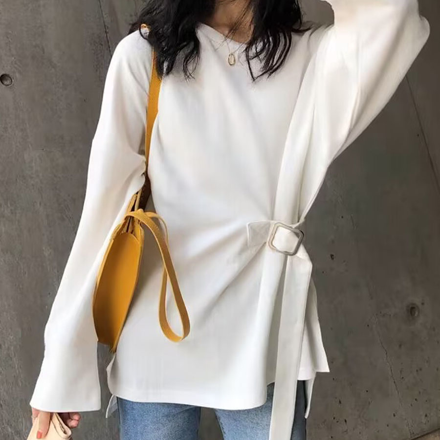 Tシャツ レディース 長袖 無地 カットソー 薄手 ベルトデザイン ラウンドネック シンプル ゆったり 体型カバー(メール便送料無料)