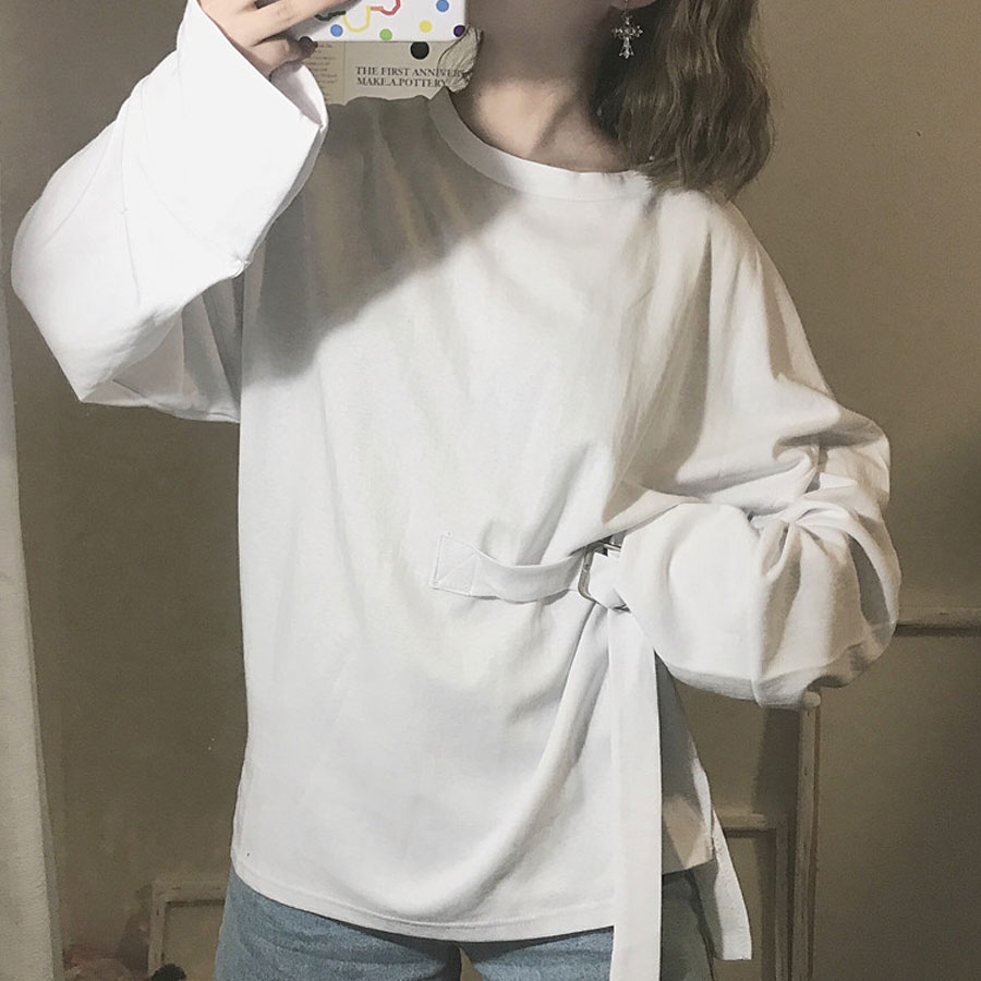 Tシャツ レディース 長袖 無地 カットソー 薄手 ベルトデザイン ラウンドネック シンプル ゆったり 体型カバー(メール便送料無料)