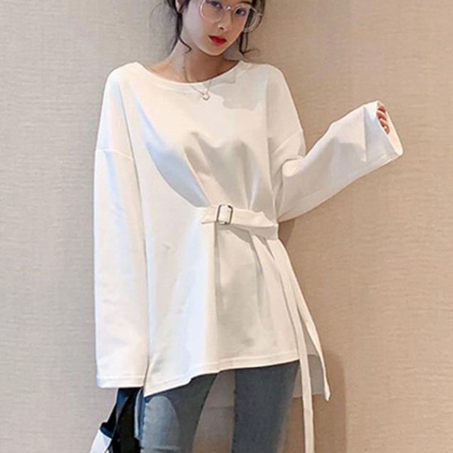 Tシャツ レディース 長袖 無地 カットソー 薄手 ベルトデザイン ラウンドネック シンプル ゆったり 体型カバー(メール便送料無料)